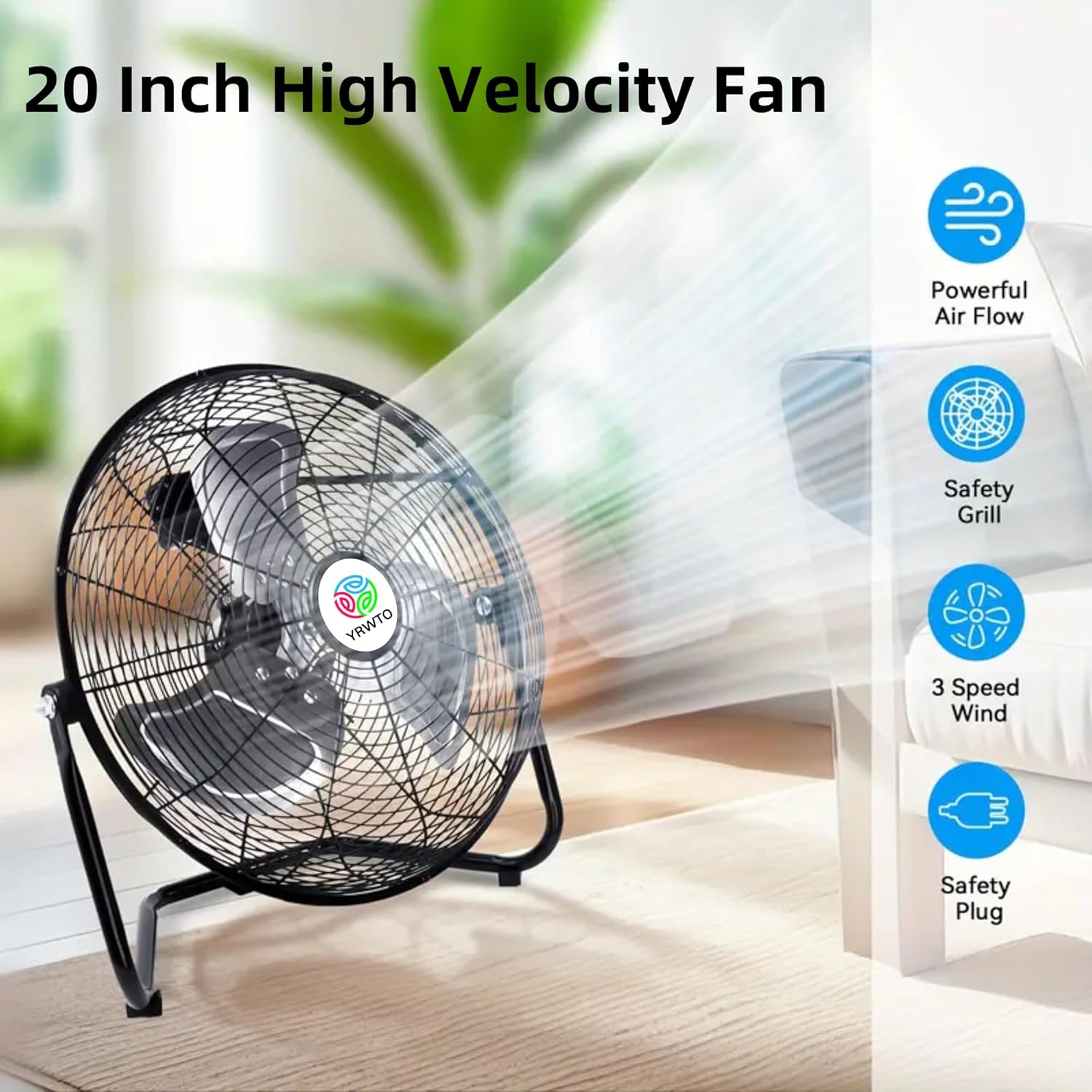 Floor Fan, 20 inch Portable Metal Fan, 3-Speed High Velocity Floor Fan, 180 Degree Adjustable Tilt Stainless Steel Industrial Fan, Portable Quiet Fan for Home, Office, Bedroom, Living Room