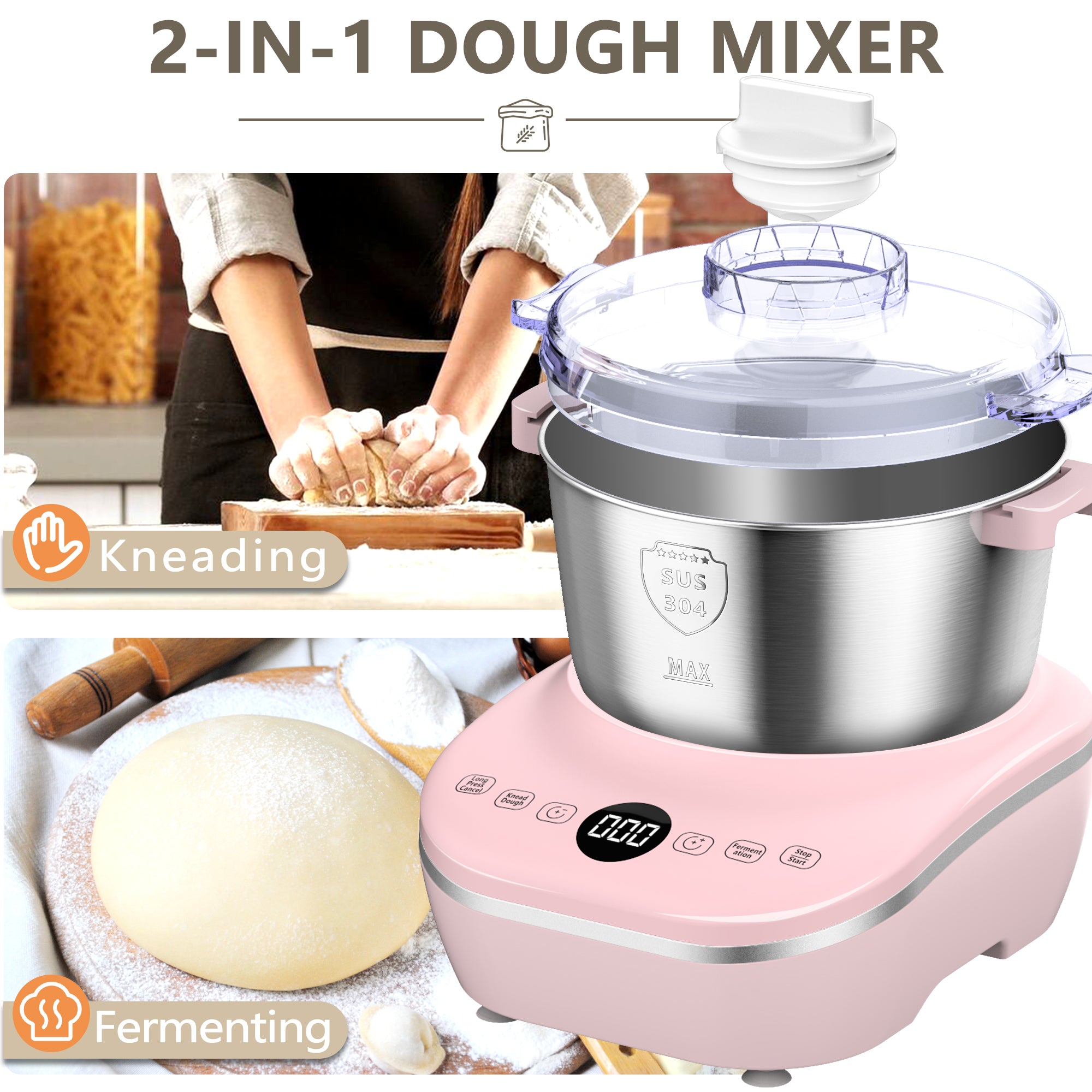 Electric Dough Mixer with Ferment Function, 7L(7.3QT) Dough Maker Machine with 304 Stainless Steel Bowl, Microcomputer Timing, Household Flour Kneading Machine for Pizza Bread