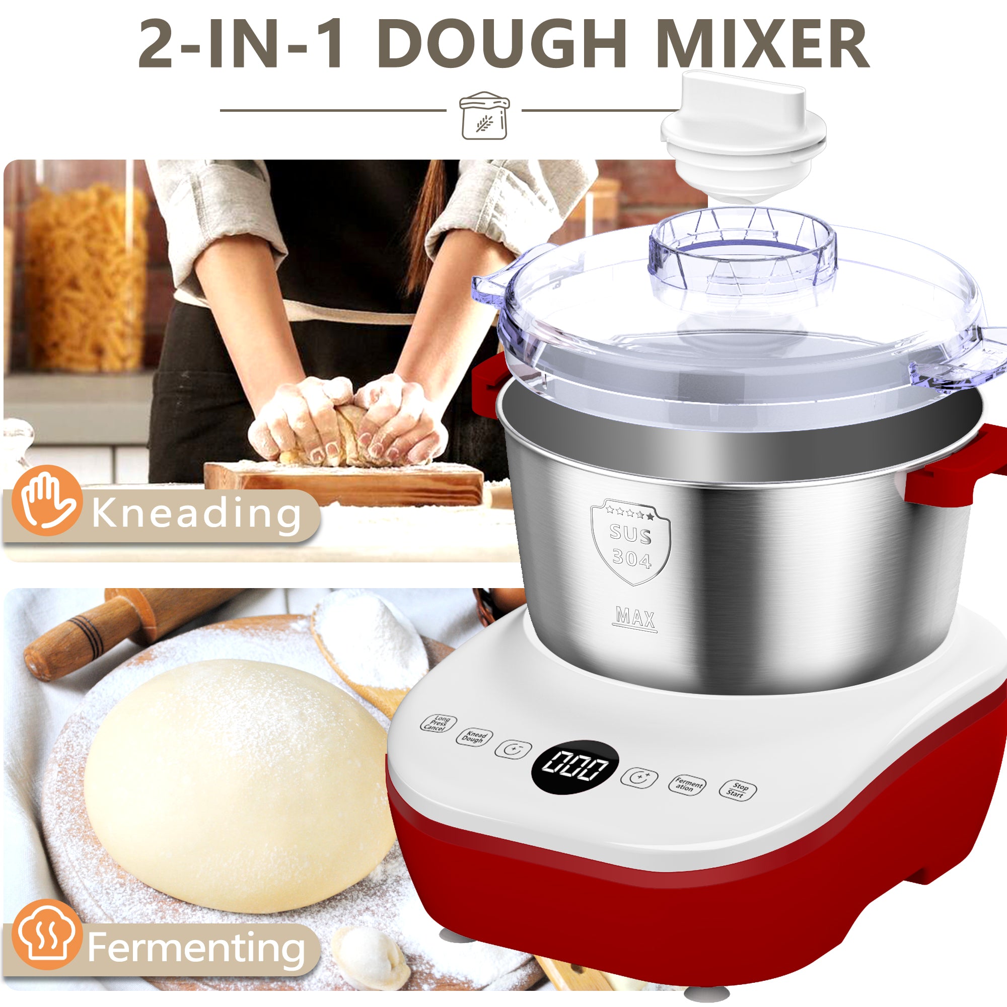 Electric Dough Maker, 5.2 Quarts, 304 Stainless Steel Bowl, Portable Lightweight Electric Kitchen Mixer for Daily Use with Ferment Function for Pizza, Bread, Toast, Pasta, and cookies