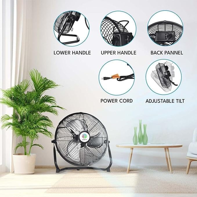 Floor Fan, 14 inch Portable Metal Fan, 3-Speed High Velocity Floor Fan, 180 Degree Adjustable Tilt Stainless Steel Industrial Fan, Portable Quiet Fan for Home, Office, Bedroom, Living Room