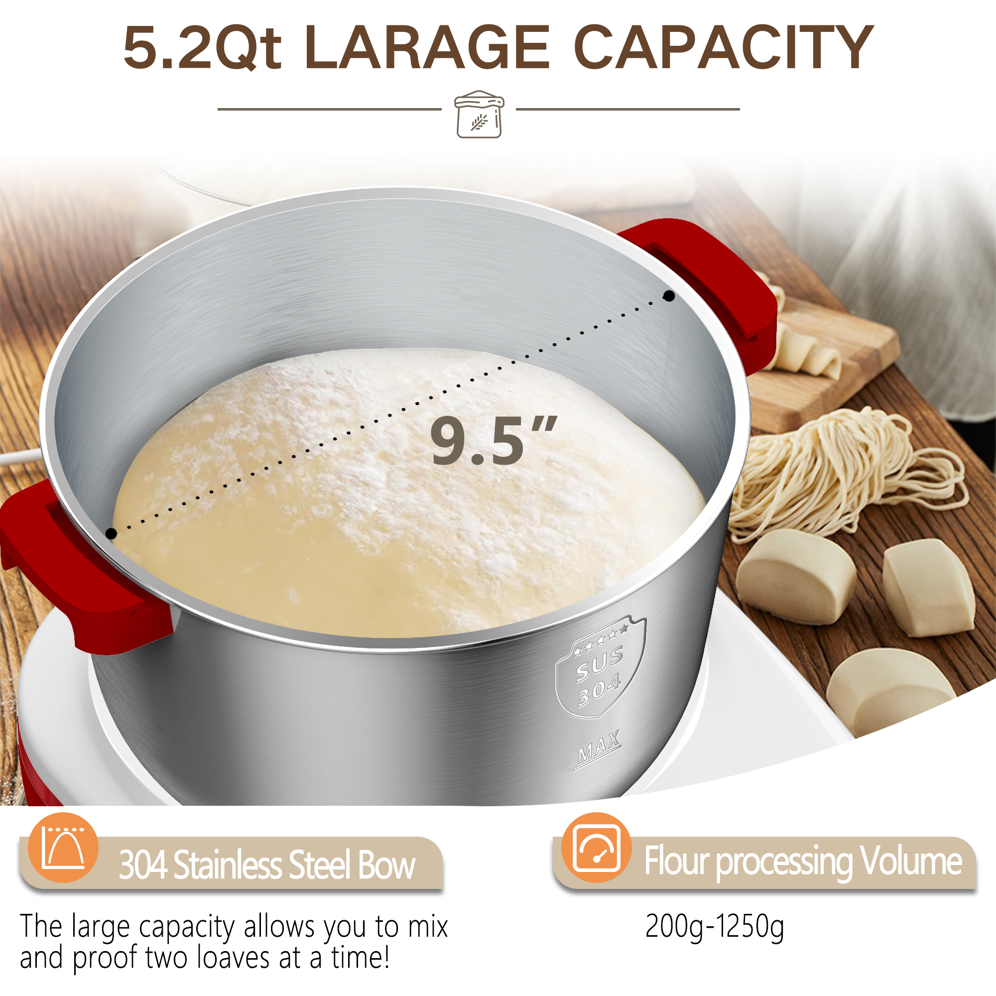 Electric Dough Maker, 5.2 Quarts, 304 Stainless Steel Bowl, Portable Lightweight Electric Kitchen Mixer for Daily Use with Ferment Function for Pizza, Bread, Toast, Pasta, and cookies