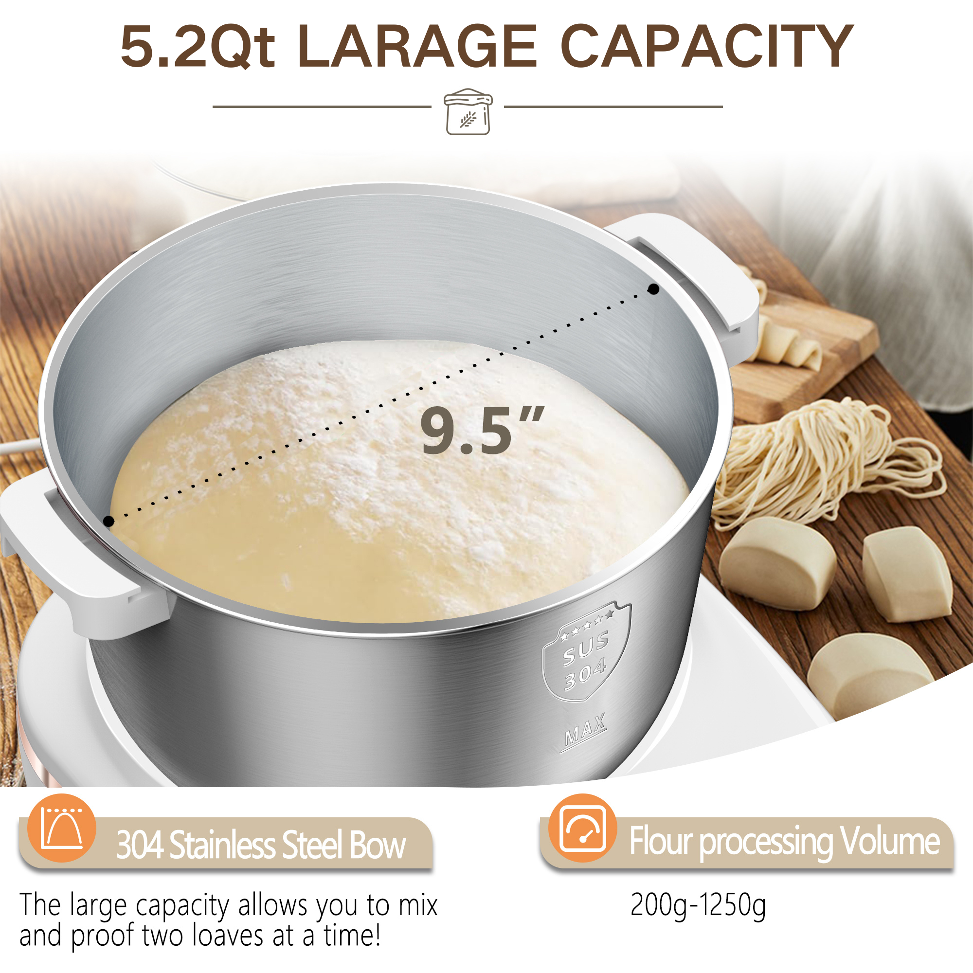 Electric Dough Maker, 5.2 Quarts, 304 Stainless Steel Bowl, Portable Lightweight Electric Kitchen Mixer for Daily Use with Ferment Function for Pizza, Bread, Toast, Pasta, and cookies