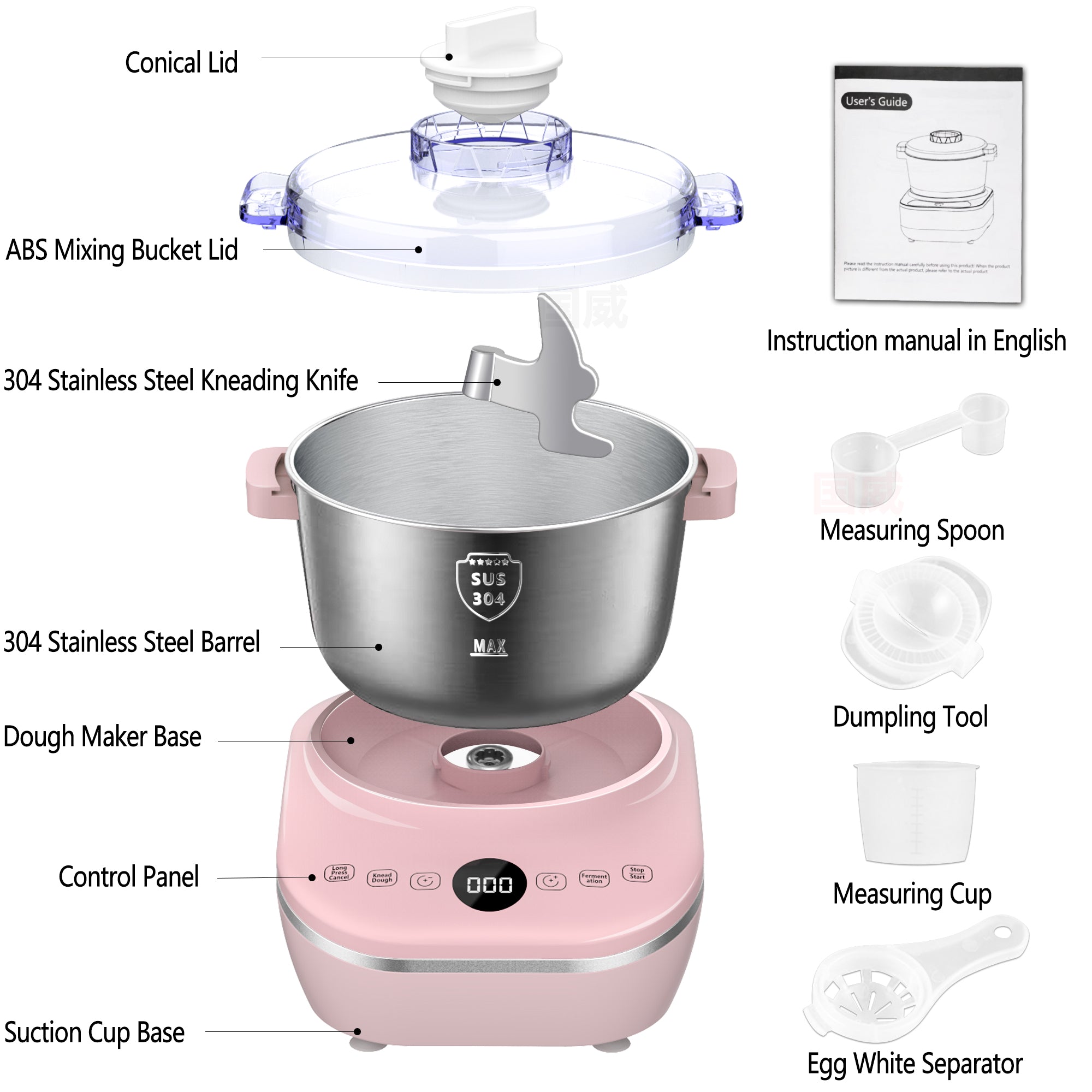 Electric Dough Mixer with Ferment Function, 7L(7.3QT) Dough Maker Machine with 304 Stainless Steel Bowl, Microcomputer Timing, Household Flour Kneading Machine for Pizza Bread