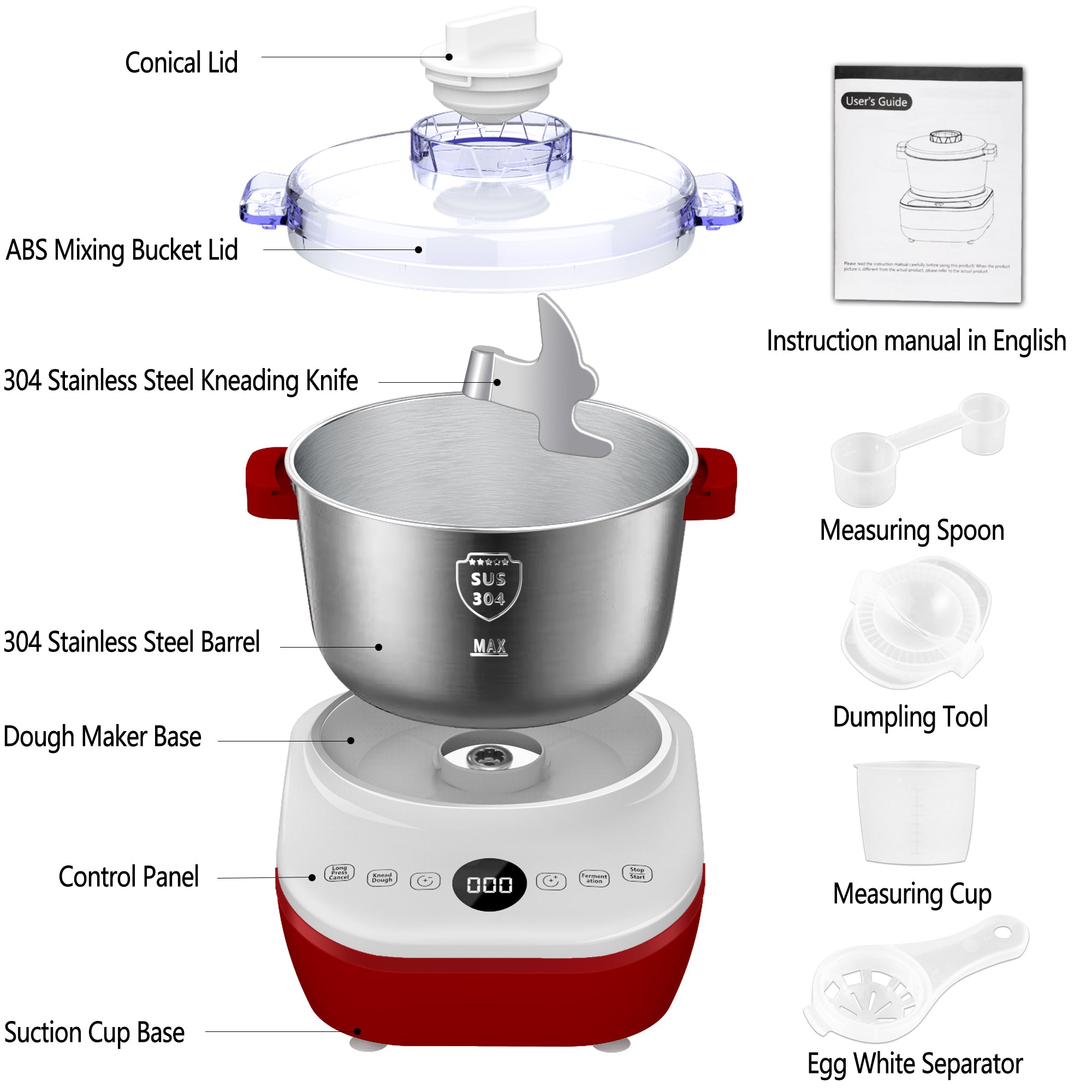 Electric Dough Mixer with Ferment Function, 7L(7.3QT) Dough Maker Machine with 304 Stainless Steel Bowl, Microcomputer Timing, Household Flour Kneading Machine for Pizza Bread